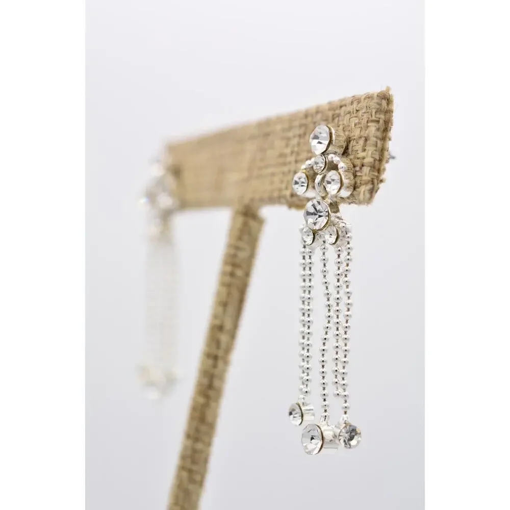 Y2K Vintage Crystal Dangle Earrings Chandelier Silver Tone Rhinestone Chain 9L